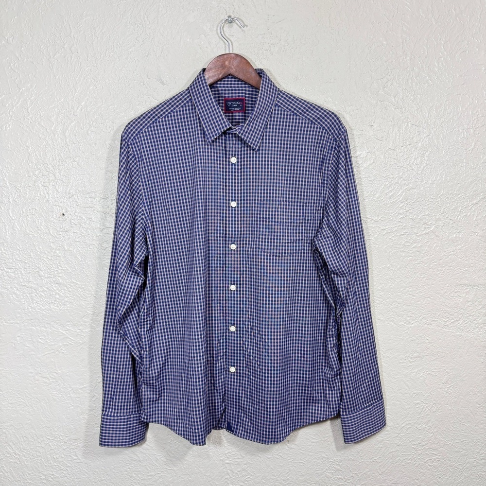 Untuckit Shirt Large Larkin Plaid Gingham Check Navy 40697 Stretch Tech Preppy